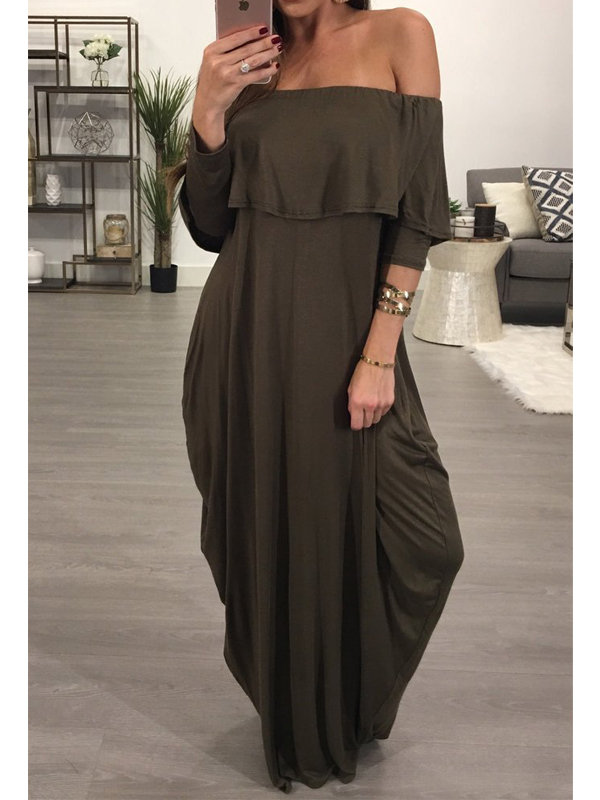 Fashion Dew Shoulder Falbala Design Grey-green Cotton Blend Ankle Length Dress