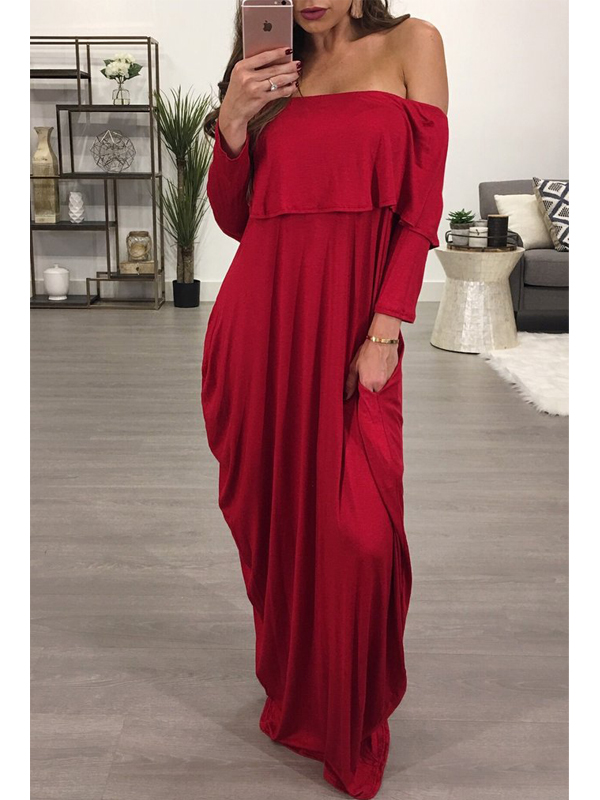 Fashion Dew Shoulder Falbala Design Wine Red Cotton Blend Ankle Length Dress