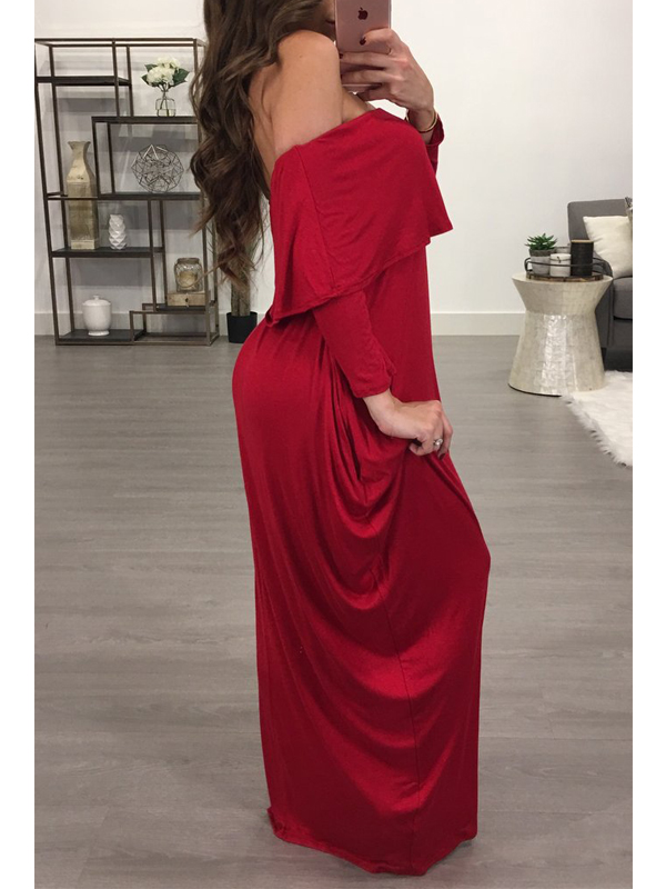 Fashion Dew Shoulder Falbala Design Wine Red Cotton Blend Ankle Length Dress