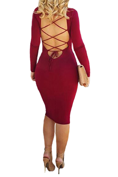 Fashion O Neck Long Sleeves Backless Red Spandex Sheath Knee Length Dress