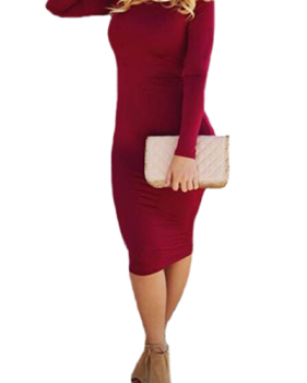 Fashion O Neck Long Sleeves Backless Red Spandex Sheath Knee Length Dress