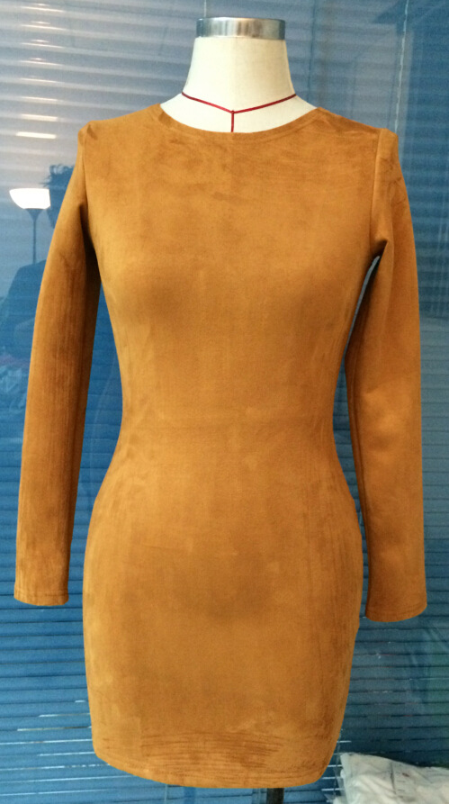 Fashion O Neck Long Sleeves Brown Sheath Mini Womens Dress