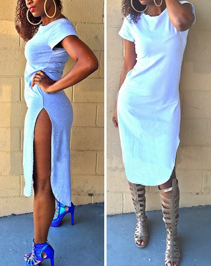 Fashion O Neck Short Sleeves Side Split White Spandex Sheath Knee Length Dress