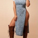 Fashion O Neck Short Sleeves Sides Split Blue Blending Knee Length Dress
