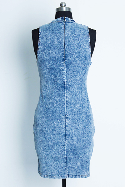 Fashion O Neck Tank Sleeveless Blue Denim Sheath Mini Dress