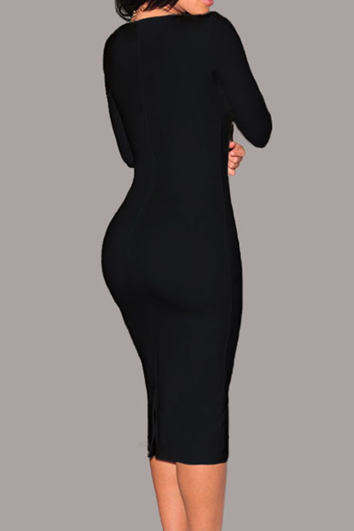 Fashion Sexy V Neck Long Sleeves Black Cotton Blend Sheath Knee Length Women Dress