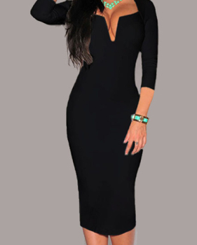 Fashion Sexy V Neck Long Sleeves Black Cotton Blend Sheath Knee Length Women Dress