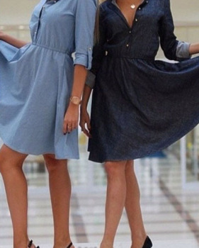 Fashion Turndown Collar Half Sleeves Blue Polyester Knee Length Women Dress