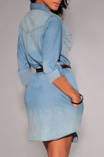 Fashion Turndown Collar Half Sleeves Single-breasted Light Blue Denim Mini Dress with Belt