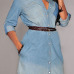 Fashion Turndown Collar Half Sleeves Single-breasted Light Blue Denim Mini Dress with Belt