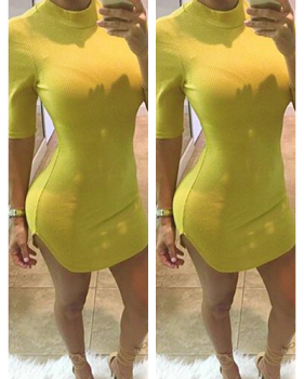Fashion Turtle Neck Short Sleeves Asymmetrical Yellow Polyester Sheath Mini Shirt Dress