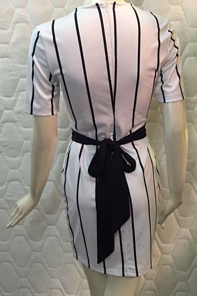 Fashion V Neck Half Sleeve Striped Front Split White Healthy Fabric  Sheath Mini Dress