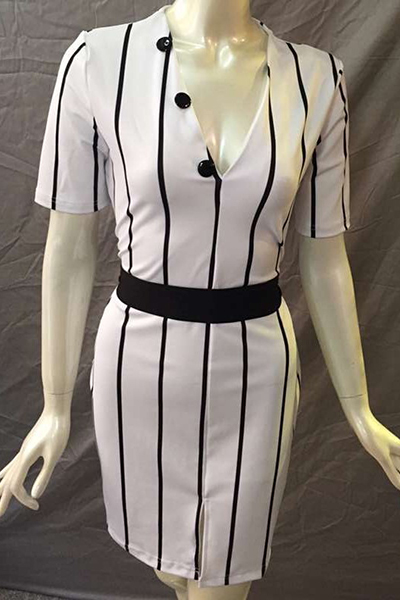 Fashion V Neck Half Sleeve Striped Front Split White Healthy Fabric  Sheath Mini Dress