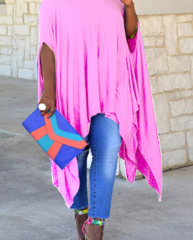 Fashionable Oblique Shoulder Long Sleeves Asymmetrical Pink Cotton Blend A Line Ankle Length Loose Cloak Dress