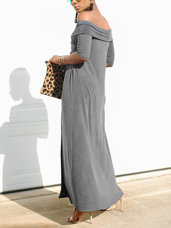 Leisure Dew Shoulder Grey Cotton Blend Ankle Length Dress