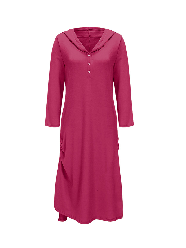 Leisure Hooded Collar Asymmetrical Carmine Cotton Mid Calf Dress