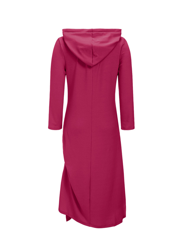 Leisure Hooded Collar Asymmetrical Carmine Cotton Mid Calf Dress