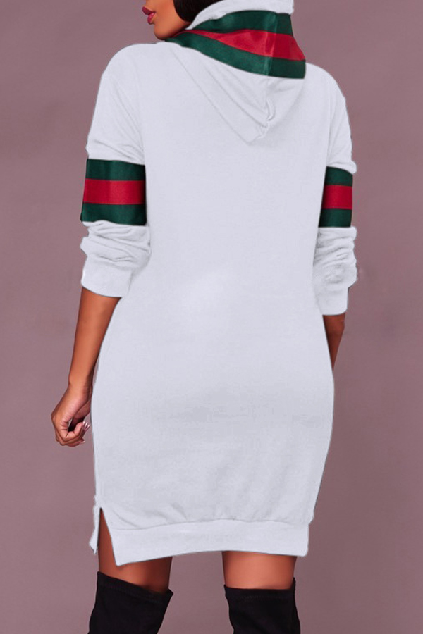 Leisure Hooded Collar Striped Patchwork White Cotton Blend Knee Length Dress