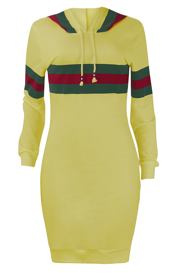 Leisure Hooded Collar Striped Patchwork Yellow Cotton Blend Knee Length Dress