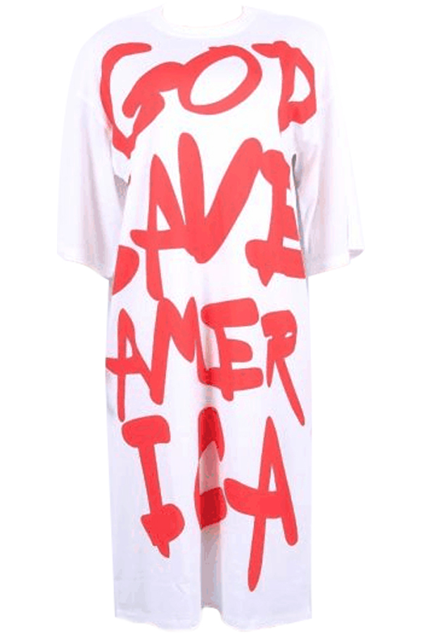Leisure Round Neck Short Sleeves Letters Printing White Polyester Knee Length Dress