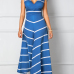 Leisure  V Neck Sleeveless Striped Blue Polyester Ankle Length Dress