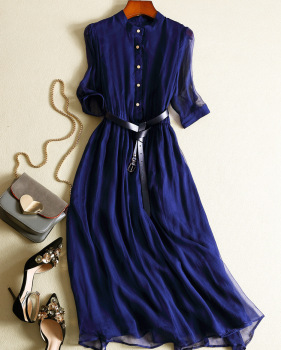 New boutique women's silk delivery belt circular collar mid-sleeve mulberry silk dress spring skirt #95043