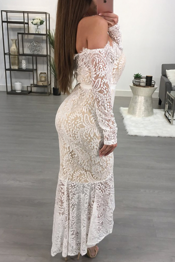 Retro Bateau Neck See-Through White Lace Ankle Length Dress(With Lining)