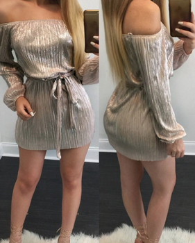 Sexy Bateau Neck Long Sleeves Lace-up Gold Polyester Mini Dress