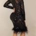 Sexy Deep V Neck See-Through Black Polyester Sheath Knee Length Dress