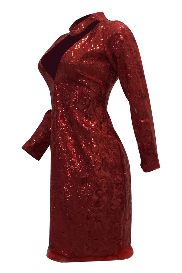 Sexy Deep V Neck See-Through Red Polyester Sheath Knee Length Dress
