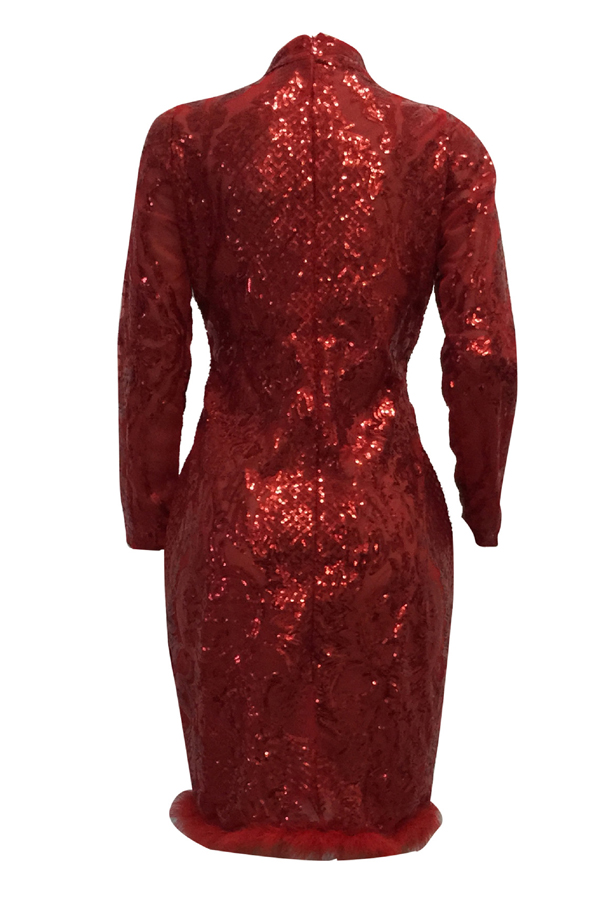 Sexy Deep V Neck See-Through Red Polyester Sheath Knee Length Dress