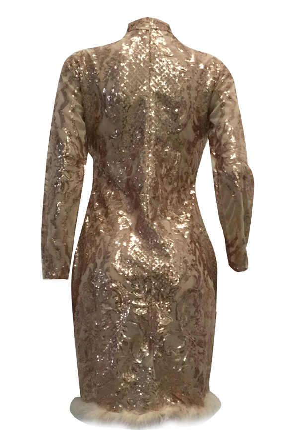 Sexy Deep V Neck See-Through Rose Gold Polyester Sheath Knee Length Dress