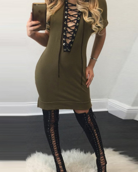 Sexy Deep V Neck Short Sleeves Lace-up Hollow-out Green Cotton Blend Knee Length Dress