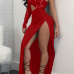 Sexy Dew Shoulder High Split Red Polyester Sheath Ankle Length Dress