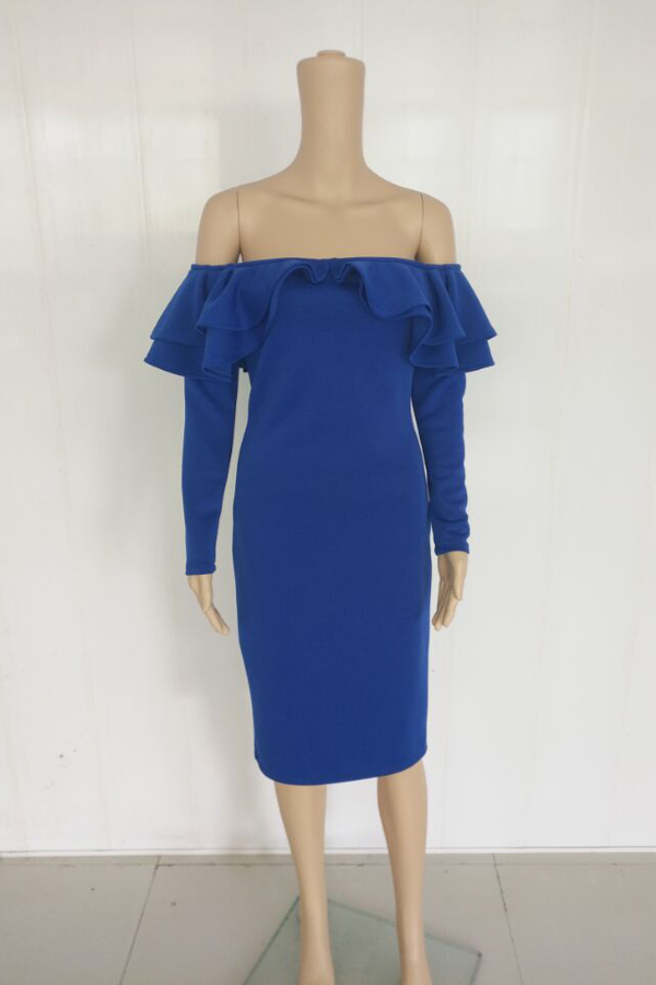 Sexy Falbala Design Royalblue Polyester Sheath Mid Calf Dress