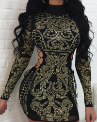 Sexy Hollow-out Rhinestone Decorative Black Polyester Mini Dress