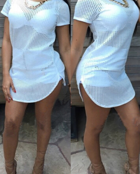 Sexy O Neck Short Sleeves Mesh Hollow-out White Polyester Sheath Mini Dress