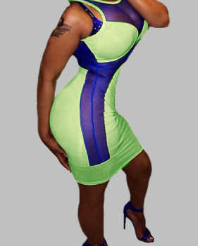 Sexy O Neck Tank Sleeveless Backless Hollow-out Mesh Patchwork Green Polyester Sheath Mini Dress