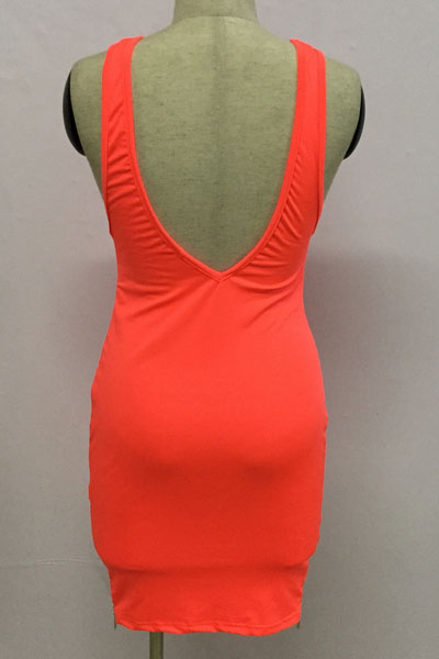 Sexy O Neck Tank Sleeveless Backless Side Zipper Design Fluorescent Red Polyester Sheath Knee Length Dress
