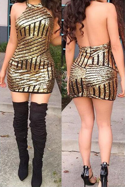 Sexy O Neck Tank Sleeveless Gold Sequined Sheath Mini Dress