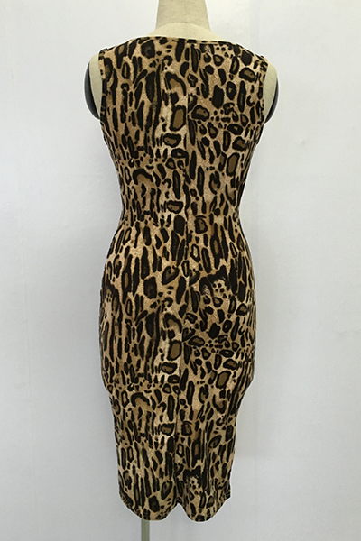 Sexy O Neck Tank Sleeveless Leopard Printed Polyester Sheath Knee Length Dress