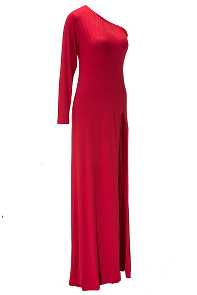 Sexy One Shoulder Long Sleeve Side Split Red Polyethylene Fibre Sheath Ankle Length Dress