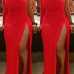 Sexy One Shoulder Long Sleeve Side Split Red Polyethylene Fibre Sheath Ankle Length Dress