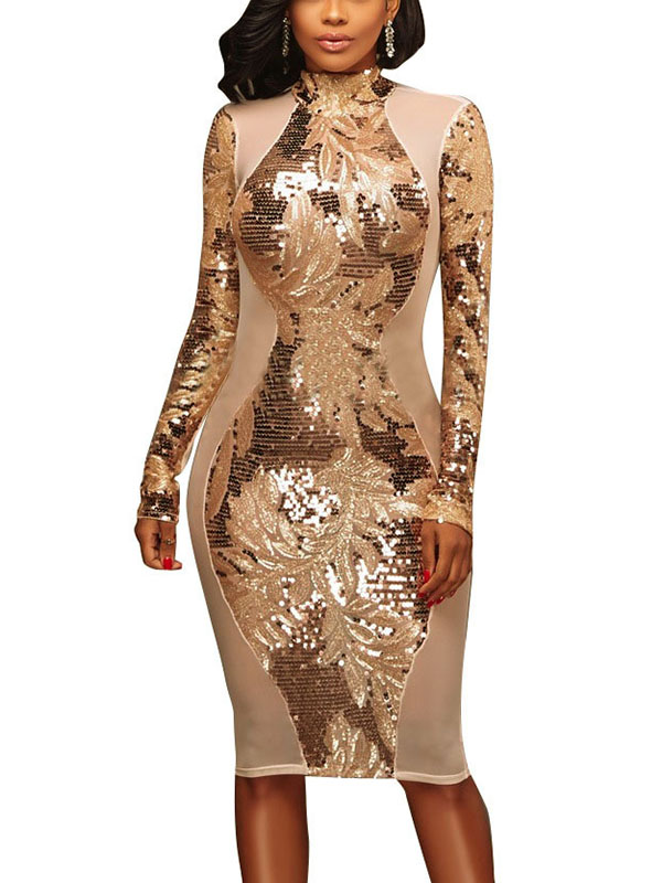 Sexy Patchwork Sequined Decorative Polyester Sheath Knee Length Dress
