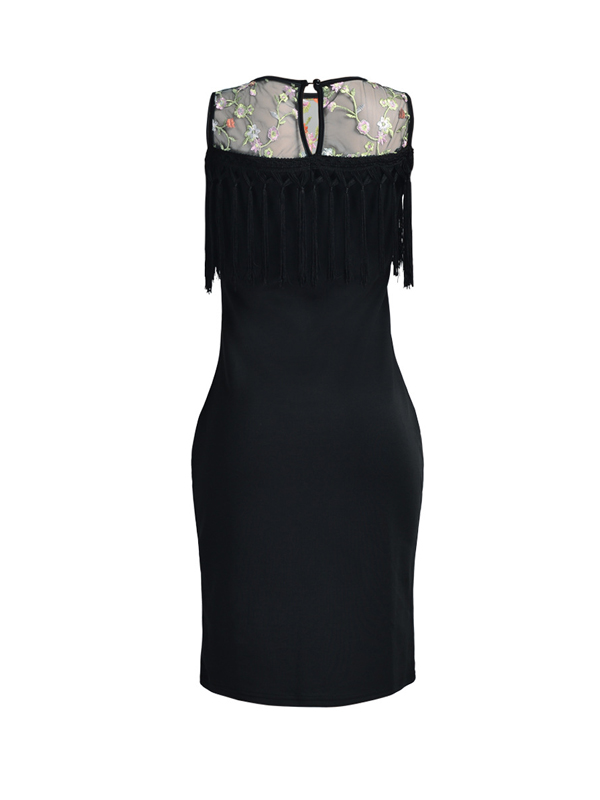 Sexy Round Neck Dew Shoulder Tassel Design Black Polyester Mini Dress