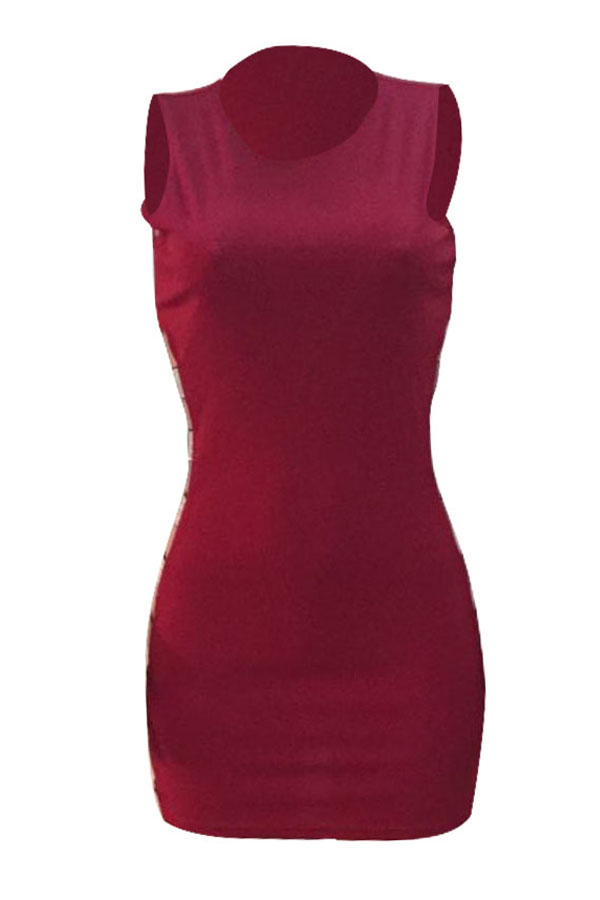 Sexy Round Neck Hollow-out Wine Red Healthy Fabric Sheath Mini Dress