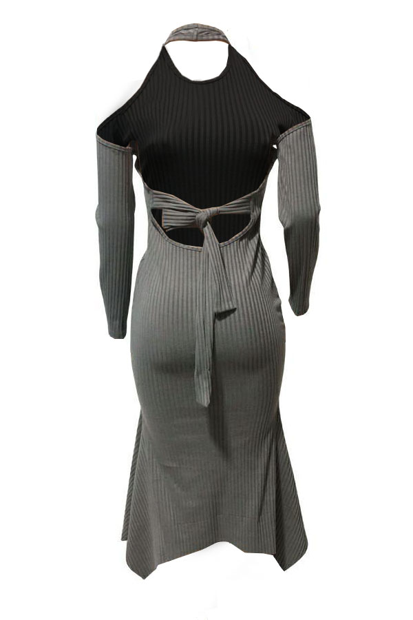 Sexy Round Neck Irregular Hems Hollow-out Grey Cotton Blend Mid Calf Dress