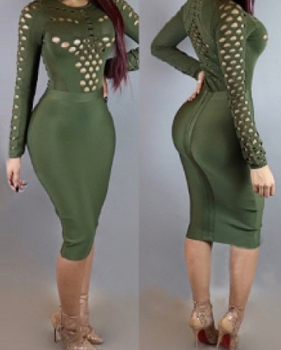 Sexy Round Neck Long Sleeves Hollow-out Army Green Qmilch Sheath Knee Length Dress