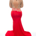 Sexy Round Neck Long Sleeves Lace Patchwork Hollow-out Red Lace Mermaid Floor length Dress