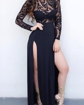 Sexy Round Neck Long Sleeves See-Through High Split Black Qmilch Ankle Length Dress(Without Accessories)